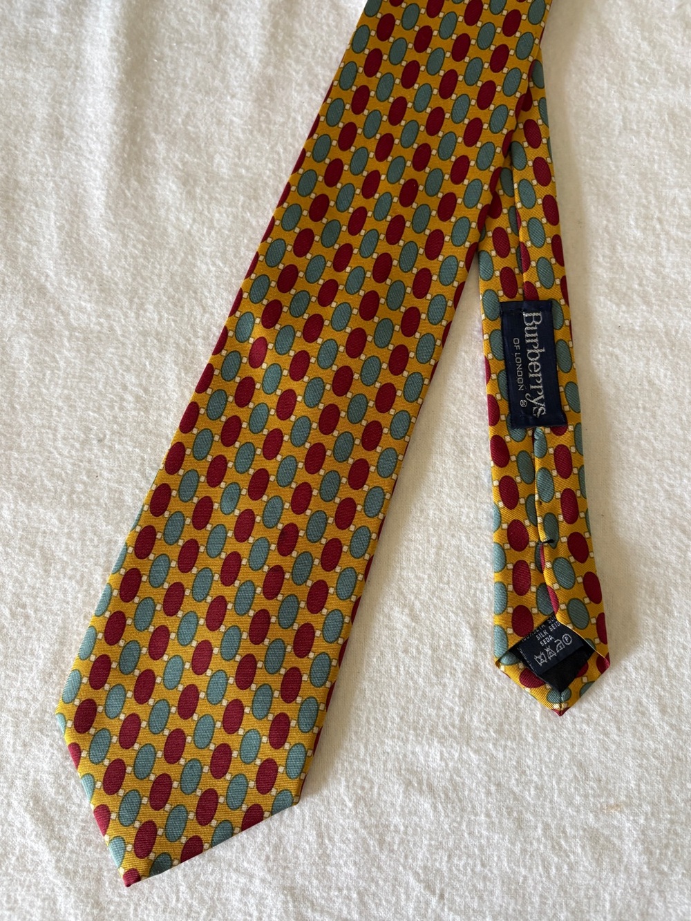 Vintage BURBERRYS London Silk Tie Gold w Maroon and Gray Oval Pattern Italy EUC